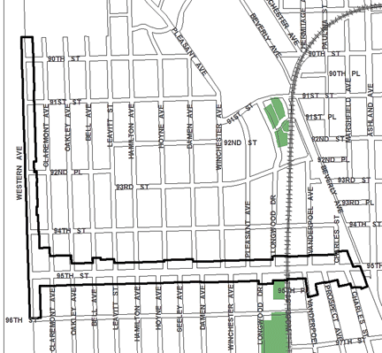 95th/Western TIF district, roughly bounded on the north by 90th Street, 96th Street on the south, Beverly Avenue on the east, and Western Avenue on the west.